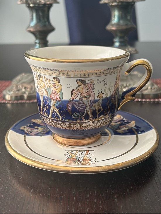 T-Dagounis Other - Vintage Gold-Trimmed Cobalt Blue Greek  Scene Tea Cup & Saucer